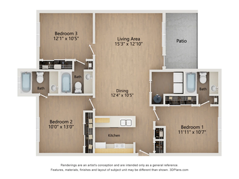 C1 3X3 Floor Plan, 1,143 SQFT